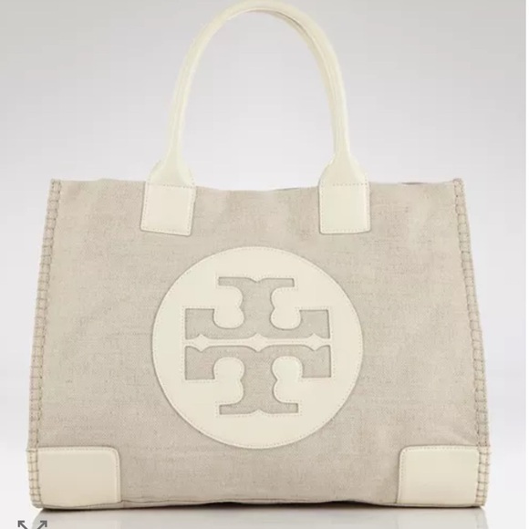 Tory Burch Handbags - Tory Burch Ella Ivory Canvas Tote Leather Trim